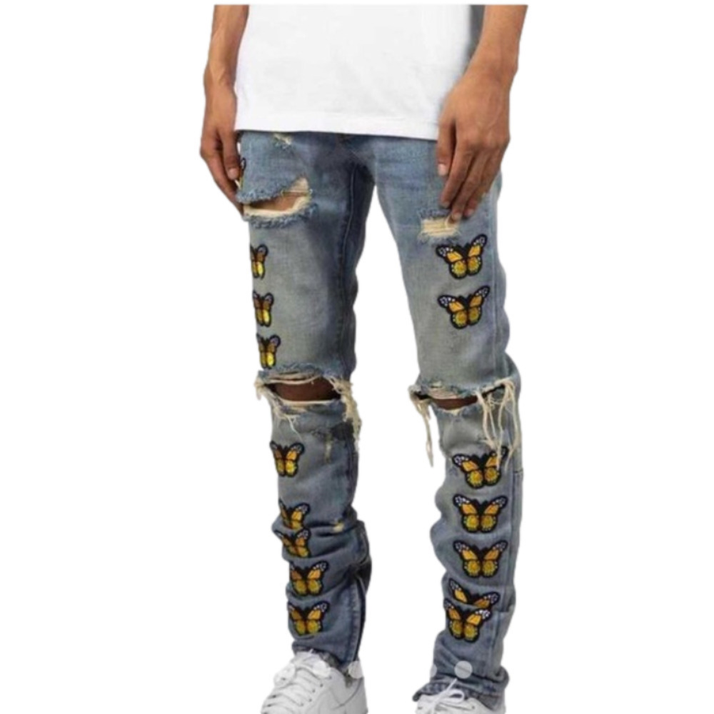 MNMI Men’s Button Fly Zip Ankle Butterfly Distressed Jeans Size 38